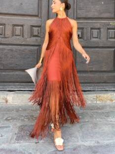 GY26163 European and American cross-border party dress, elegant halter-neck long gown with tassels