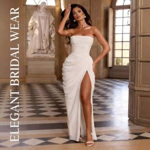 Foreign trade slit sexy evening dress, European and American style, slimming strapless party dress, long pleated design, fashionable and elegant