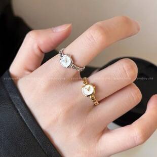 Reverse clock~ Niche personalized design watch chain ring for women, adjustable open fine enamel ring