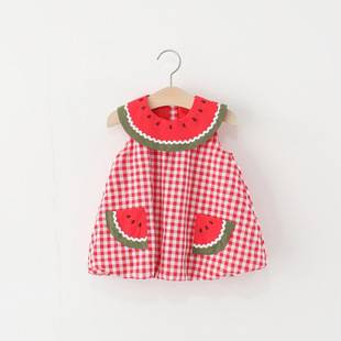 Children's Clothing 2026 New Style Girls' Sleeveless Dress Summer Kidsren's Baby Watermelon Collar Plaid Cotton Princess Dress