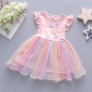 Girls' Cotton Dress 2026 Summer Fashion Stylish Little Pony Mesh Vest Princess Dress Trendy