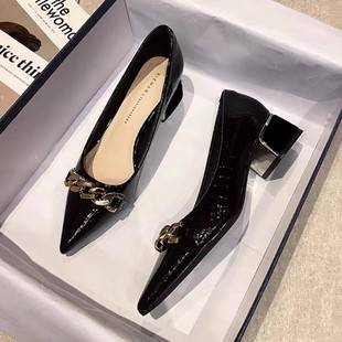 Black Pointed Toe Thick Heel Small Fragrant High Heels Spring and Autumn Professional French Style Low Heel Shoes with Skirt