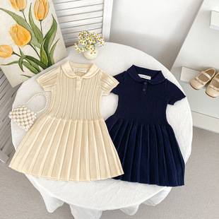 2026 New Style Girls' Knitted Dress Summer Style Preppy Style Lapel Short-Sleeved Pleated Skirt Baby Fashionable Princess