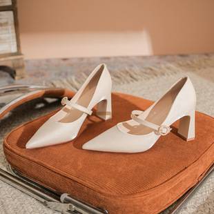 7777-4 French Mary Jane Light High Heels Women's Pointed Thick Heel Cheongsam Bride Shoes Bridesmaid Shoes Wedding Shoes