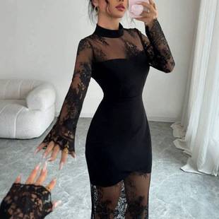 In-Stock European and American Cross-Border Hollow-Out Vintage Stand-Collar Long-Sleeve Lace Bodycon Waist-Slimming High-End Fashion Dress for Women