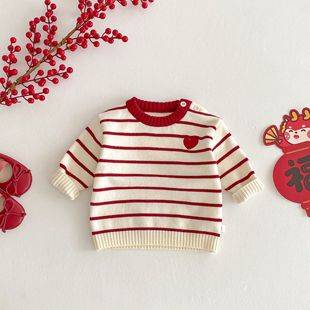 Children's Thick Sweater Winter Striped Knit Pullover for Girls, Baby New Year Outfit, First Birthday Clothes