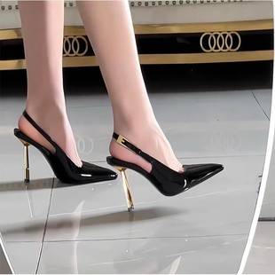 European and American 2026 Spring/Summer New Style Shallow Metal Heel Stiletto High Heels, Feminine Square-Toe Closed-Toe Sandals for Women