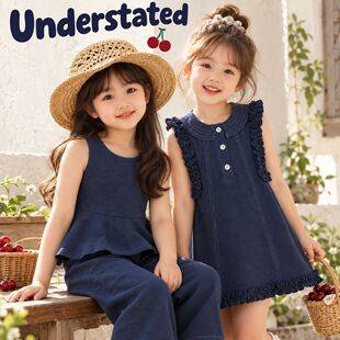 Girls' Navy Blue Ruffled Sleeveless A-line Dress for Autumn, Stylish Baby Dress Imitating Denim