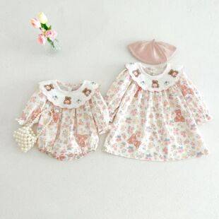 Spring and Autumn New Style Girls' Floral Bear Embroidery Doll Collar Long Sleeve Dress Baby Princess Dress Baby Girl Romper