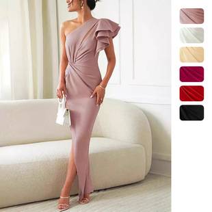 Amazon Independent Station Cross-border European and American Women's Oblique Shoulder Hollow Lotus Sleeve Solid Color Split Dress dress 8082