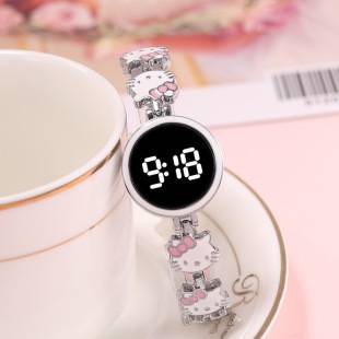 Spot New Led Touch Screen Digital Watch High-Looking Student Model Fashionable and Cute Kt Cat Steel Band Bracelet Watch