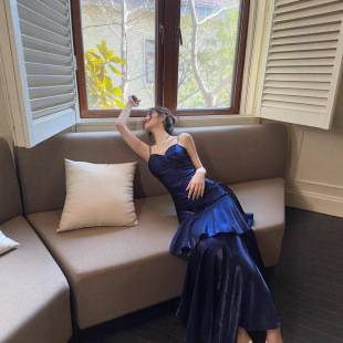 Blue Evening Dress 2026 New Model Mermaid Ruffle Strap Dress Niche Birthday Adult Ceremony Dress