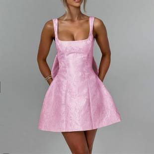 2026 European and American Cross-Border Women's Jacquard Strap Dress with Large Bow at the Back, Waist-Cinching, Puffy Short Dress