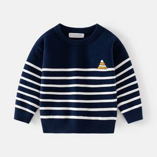 Cross-Border Kidsren's Clothing Boys Pinstripes Round Neck Sweater 25 Autumn Kidsren's Single Layer Cotton Top Baby Bottoming Sweater
