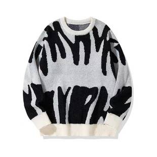 Men's Autumn and Winter New Fashionable Distinctive Round Neck Jacquard Sweater Teenager Black and White Jacquard plus size Sweater Sweater