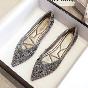 Popular Live-Stream Gold Sparkling Rhinestone Flats for Women, Summer 2026 New Model, Full Rhinestone Flat Shoes, Large Sizes 41 to 43