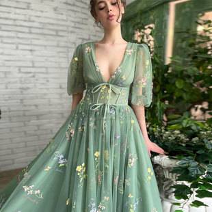 European and American evening dress foreign trade green tulle dance dress puff sleeve V-neck flower floor-length V-neck sexy long dress