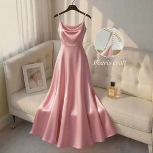 2026 European and American cross-border Amazon solid color elegant dress with straps, hand-beaded, waist-cinching, satin gilded dress