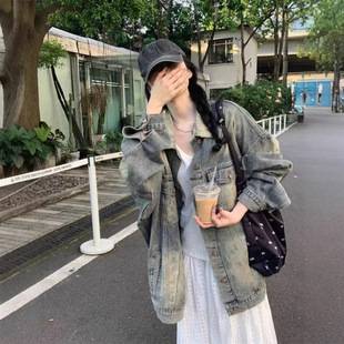 High Street American Style Vintage Washed Old Denim Coat Women's Spring and Autumn Loose oversize Mid-length Jacket Top