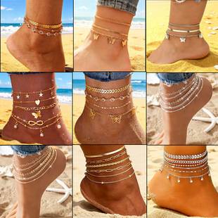 European and American Cross-Border Fashion Multi-Layer Stacked Anklets, Trendyy Personalized Chain Beach Sexy Foot Accessories, New Multi-Piece Set