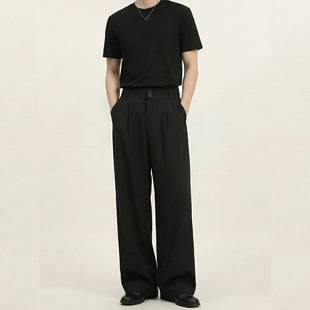 Casual Suit Pants for Men, Spring and Autumn, High-End Drape Effect, Straight Loose Fit, Wrinkle-Resistant, Black Wide-Leg Pants for Petite Men