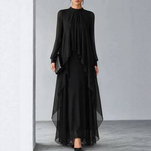 High-End Feel Stand-Collar Pleated Chiffon Long Dress, Long-Sleeve Sheer Ruffle Fake Two-Piece Gown, Export