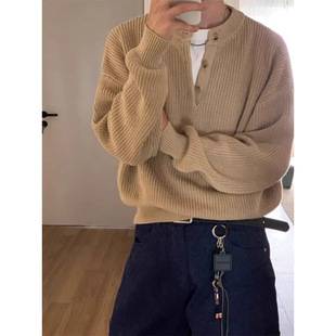 Old Money Style Henry Collar Sweater for Men, Winter American Retro Polo Knitwear, Casual Base Layer Shirt, Cross-Border Wholesale