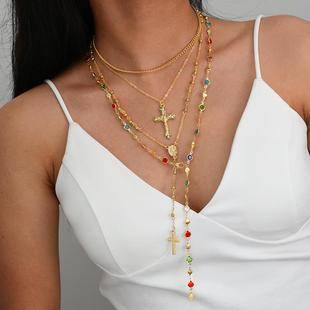 European and American Cross-Border Hot-Selling Fashion Creative Diamond Cross Pendant Necklace Women's High-End Tassel Chain Stacked Clavicle Chain