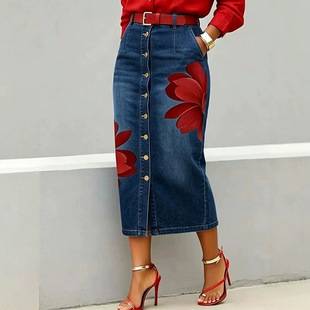 2026 European and American cross-border new product Amazon imitation denim women's printed loose denim skirt casual versatile denim skirt for women