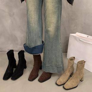 High-Heeled Korean Style Small Ankle Boots Suede Boots Women's Shoes 2025 New Autumn and Winter Fleece-Lined Square Toe Slim Short Boots
