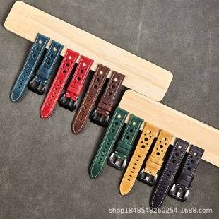 New vintage top-layer crazy horse leather watch strap suitable for 22MM, breathable, multi-hole, quick-release strap wholesale