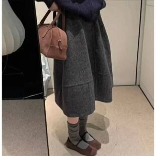 (with pockets) Women's woolen skirt, new autumn/winter A-line midi skirt, elegant and stylish, with a floral pattern