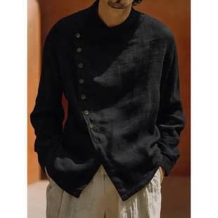 Cross-Border Amazon Men's Retro Loose Round-Neck Shirt in Ancient Mud Ramie