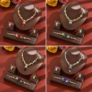 Foreign Trade Popular Luxury Environmentally Friendly Rhinestone Flower Bracelet Necklace Earrings Set Fashionable and Sweet Bridal Wedding Jewelry