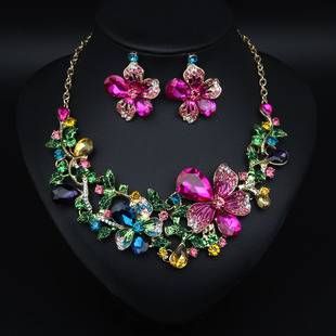 Cross-border popular European and American flower necklace earrings suit crystal gem jewelry dress bridal banquet female accessories