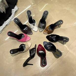 Ys High-End Export Metal Letter Buckle Stiletto Open-Toe Slippers for Women, Sexy High-Heeled Pointed Toe Stiletto Sandals for Outdoor Wear