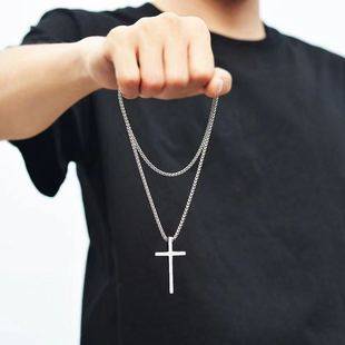 Cross-Border European and American Hip-Hop Titanium Steel Cross Necklace Men's Trendy Versatile Glossy Pendant Sweater Chain Accessories Women's Jewelry