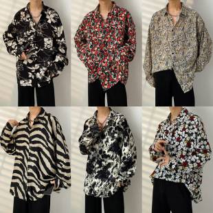 Hong Kong Style Retro Floral Shirt Men's Long-Sleeved Hawaiian Handsome Ins Floral Shirt Men's Autum Loose Casual Top