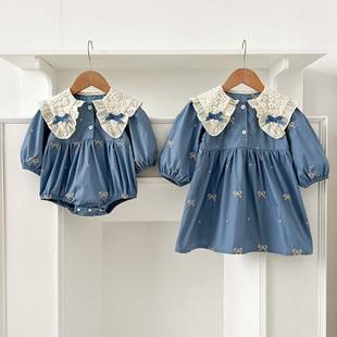 Female Baby dress Korean Style Bow Embroidered Baby Jumpsuit Spring and Autumn Long Sleeve Climbing Suit Children's Sisters Clothes