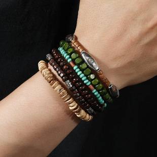 New Coconut Shell Alloy Wooden Beads Elastic Thread Bracelet Elegant and Fashionable Handmade Beaded Bracelet Factory Ready Stock Wholesale