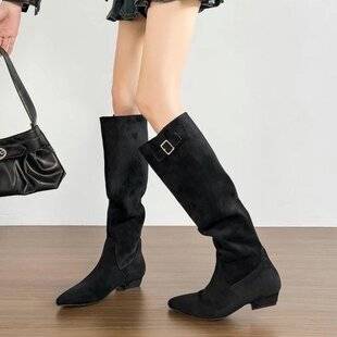 5cm Height-Increasing Long Boots for Women, Retro Slouchy Boots, French-Style Chunky Heel, Suede Khaki Long Boots, Ballet Slouchy Boots