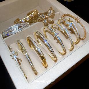 Real Gold Electroplated Diamond-Encrusted Letter Open Bracelet, Niche Versatile Bracelet, 2026 New Model, Light Luxury High-End Jewelry for Women