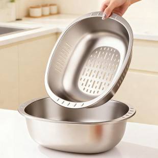 Stainless Steel Rice Washing Basket, Vegetable Washing Basin, Rice Sieve, Kitchen Household Fruit Washing and Draining Basin, Rice Washing Bowl