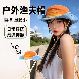 Summer New Outdoor Quick-Dry Hiking Hat for Women, Drawstring Sun Protection Bucket Hat, Denim Hat, Face-Slimming Embroidered Bucket Hat