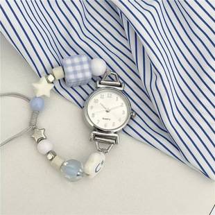 Korean-Style Hot-Selling Milk Blue Square Beaded Bracelet Watch with Adjustable Drawstring, High-Value Student Wristwatch for Girls, Wholesale