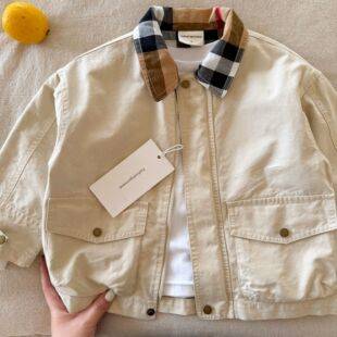 Children's spring and autumn jacket for boys and girls, Japanese-style trendy plaid patchwork jacket, classic stylish trench coat for toddlers