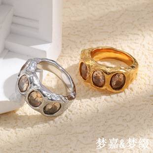 European and American Ins Fashion Geometric Retro Niche Luxury Jewelry Stainless Steel 18K Gold-Plated Irregular Round Zircon Ring for Women