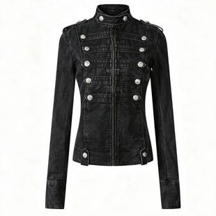 Cross-border retro black denim jacket for women, featuring a court-style design, buttoned front, stand-up collar, motorcycle jacket style, and a slim-fit, short, workwear-inspired silhouette