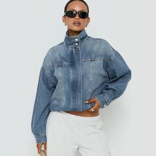 2026 European and American Cross-Border American Retro Stand-Collar Jacket Loose Washed Denim Women's Long-Sleeve Coat 6256