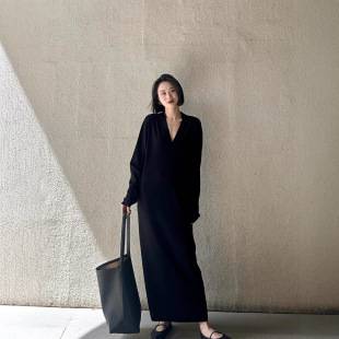 High-End Lazy Style Knitted Dress for Women, Autumn and Winter Loose Long Little Black Dress, Minimalist V-Neck Long Dress
